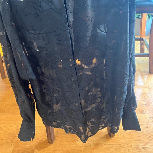 Black Sheer Button Down Floral Blouse Dress Shirt Large - Picture 7 of 10